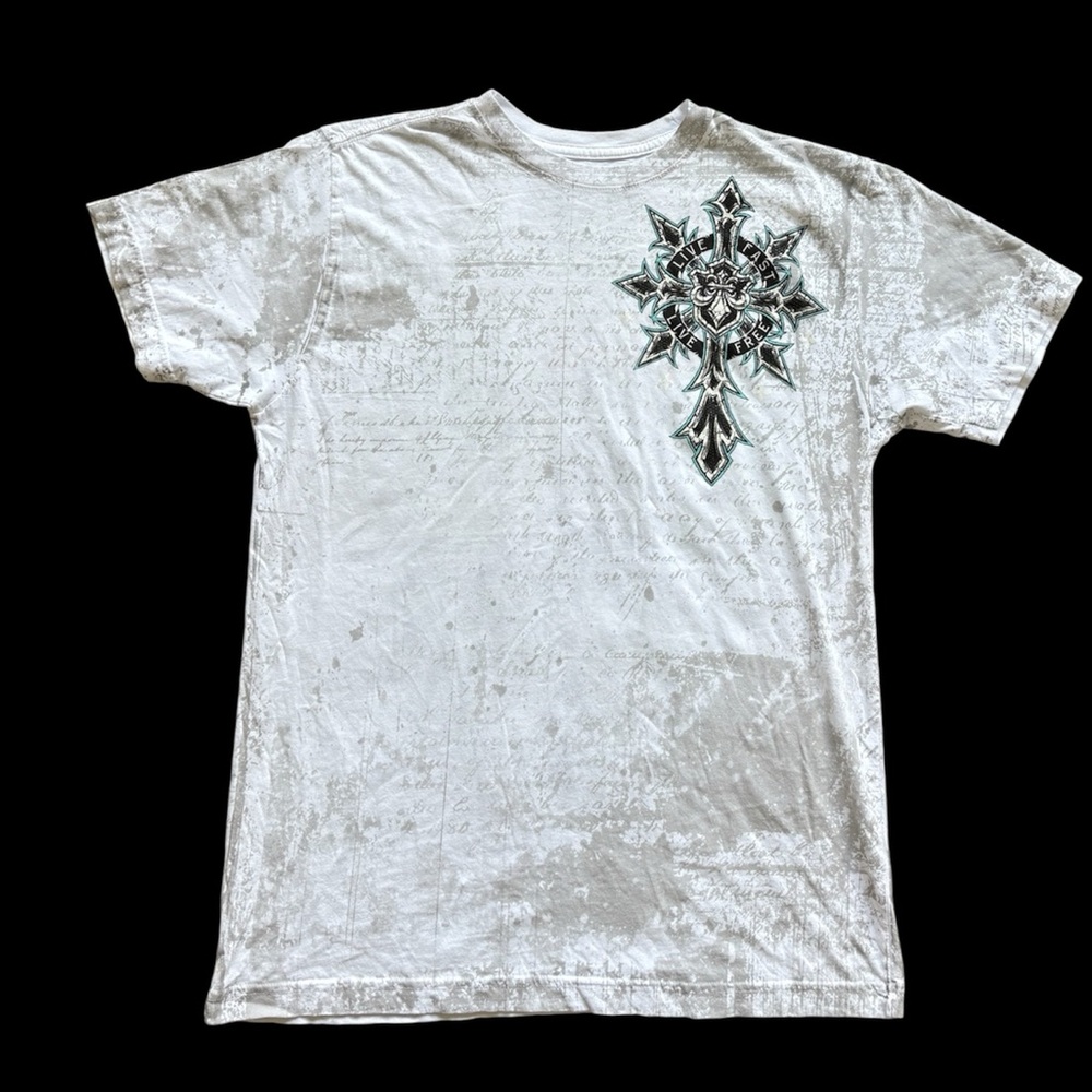 Affliction Men’s Medium Short Sleeve T-Shirt Blue Cross & Angel Wings Graphic - Picture 3 of 9